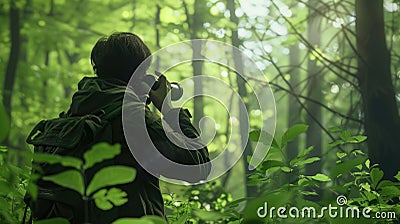 The bird watcher using binocular and searching for the bird in a forest. AIG43. Stock Photo
