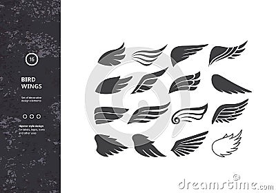 Bird Wings. Set of Template Birds Arms. Vector Sign for Tattoos, Logos, Labels and Icons. Decorative Isolated Wings Vector Illustration