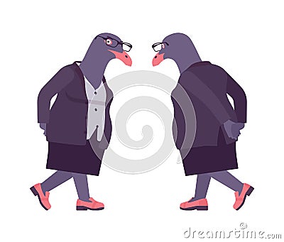 Bird woman, seagull head female pigeon in human wear pensive Vector Illustration