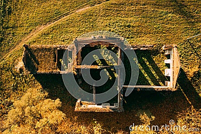 Bird's-eye view of ruins of the brewery in estate of the Tikhanovetskys. Aerial view of neo-gothic monument of Stock Photo