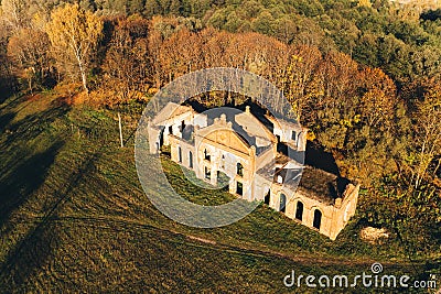 Bird's-eye view of ruins of the brewery in estate of the Tikhanovetskys. Aerial view of neo-gothic monument of Stock Photo