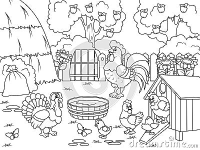 Bird yard, farm. Chickens and a turkey are walking in the yard. Childrens coloring, black lines, white background. Cartoon Illustration