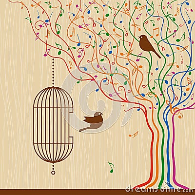 Birdcage On The Musical Tree Vector Illustration