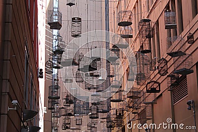 Birdcages suspended over city street Editorial Stock Photo