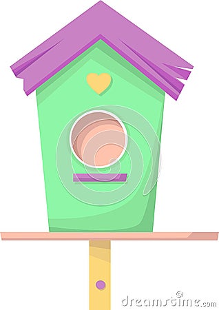 Birdhouse, bird feeder. The birdhouse is green with a purple roof. Vector Illustration