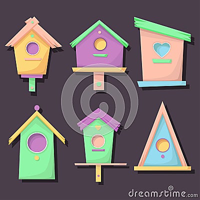 Birdhouse, bird feeder of various shapes. A set of icons. Vector Illustration