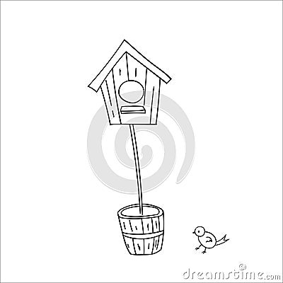 A bird and a wooden birdhouse on a stick in a pot. Vector illustration in Doodle style. Isolated object on a white background. Vector Illustration