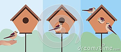 Birdhouse for birds in the garden, flat vector stock illustration with wooden bird house for nesting Cartoon Illustration
