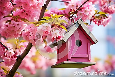 a birdhouse installed in a blossoming tree Stock Photo