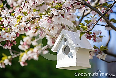 a birdhouse installed in a blossoming tree Stock Photo