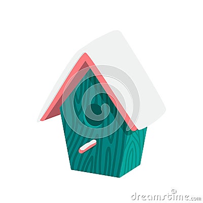 Birdhouse under snow. Sea green wooden nesting box. Starling house. Flat, cartoon, vector Vector Illustration