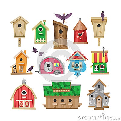 Birdhouse vector cartoon birdbox and birdie wooden house illustration set of birds singing birdsongs in decorative house Vector Illustration