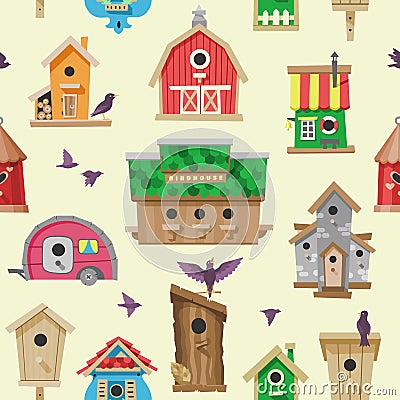 Birdhouse vector cartoon birdbox and birdie wooden house illustration set of birds singing birdsongs in decorative house Vector Illustration