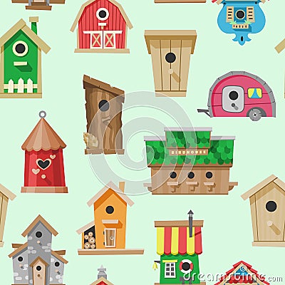 Birdhouses seamless pattern vector illustration. Nesting boxes to hang on tree. Wooden colorful constructions to feed Vector Illustration