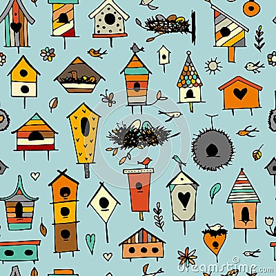 Birdhouses, seamless pattern for your design Vector Illustration