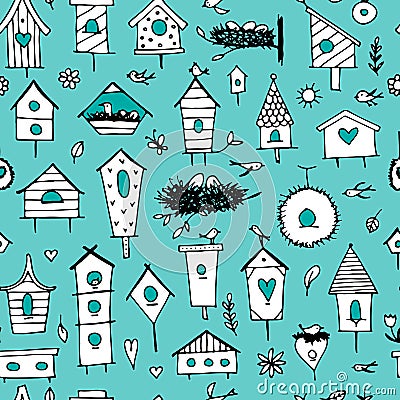 Birdhouses, seamless pattern for your design Vector Illustration