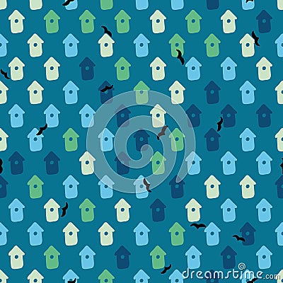 Birdhouses seamless vector pattern on teal Vector Illustration