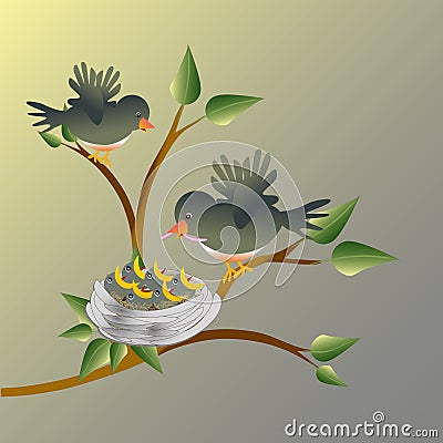 Bird with a worm perched on a tree with nest with young nestlings. Stock Photo