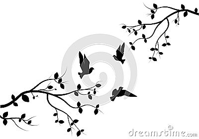 Flying Birds on Branch Vector, Wall Decals, Birds on Tree Design, Couple of Birds Silhouette. Nature Art Design, Wall Decor Vector Illustration