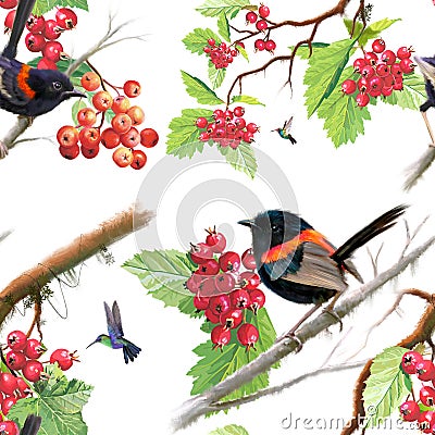 Birds on berry branch seamless pattern on white background Stock Photo
