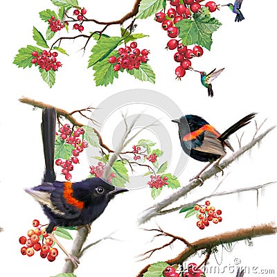 Birds on berry branch seamless pattern on white background Stock Photo