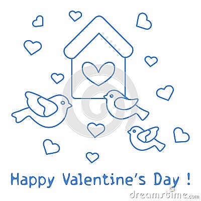 Birds, birdhouse and hearts. Valentine's Day. Vector Illustration