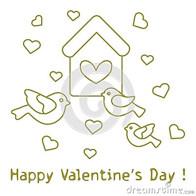 Birds, birdhouse and hearts. Valentine's Day. Vector Illustration