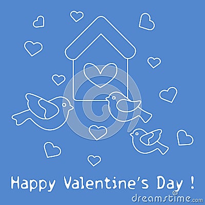 Birds, birdhouse and hearts. Valentine's Day. Vector Illustration