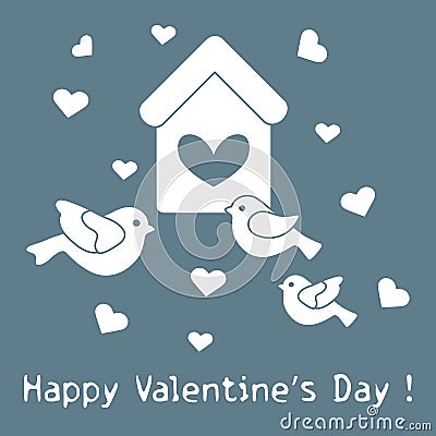 Birds, birdhouse and hearts. Valentine's Day. Vector Illustration