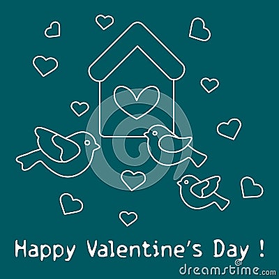 Birds, birdhouse and hearts. Valentine's Day. Vector Illustration