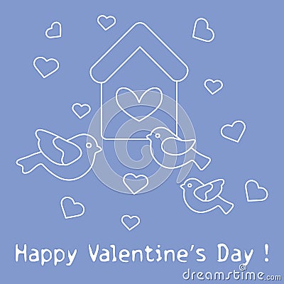 Birds, birdhouse and hearts. Valentine's Day. Vector Illustration