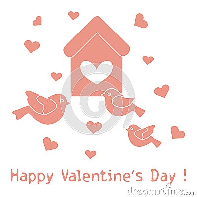 Birds, birdhouse and hearts. Valentine's Day. Vector Illustration