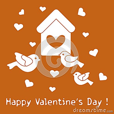 Birds, birdhouse and hearts. Valentine's Day Vector Illustration