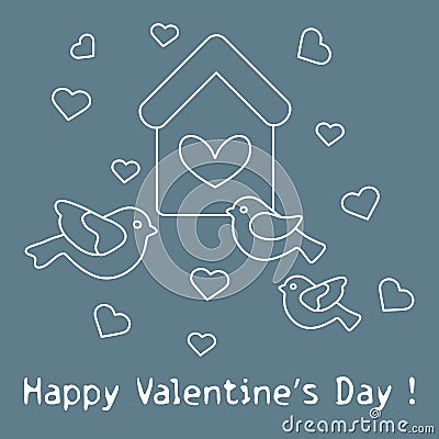 Birds, birdhouse and hearts. Valentine's Day Vector Illustration