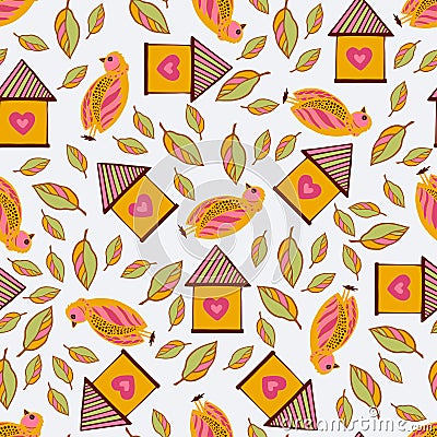 Birds and birdhouses among flowers and leafs Vector Illustration