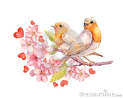 Birds on blooming branch with flowers. Watercolor Stock Photo