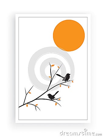 Birds on Branch silhouettes on sunset or full Moon Vector, Wall Decals, Birds on Tree Design, Couple of Birds Silhouette Stock Photo