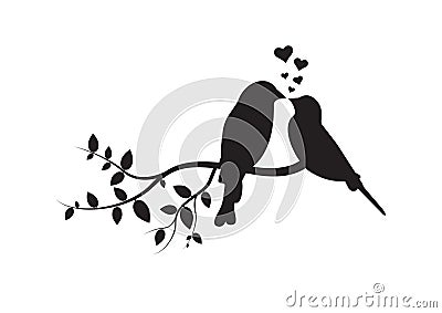 Birds on Branch, Wall Decals, Couple of Birds in Love, Birds Silhouette on branch and Hearts Illustration Vector Illustration