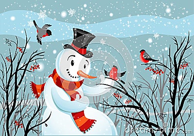 Birds bullfinch and snowman Vector Illustration