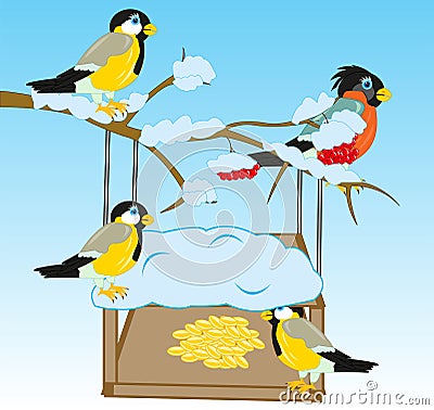 Birds bullfinch and tomtits beside feeding troughs Vector Illustration