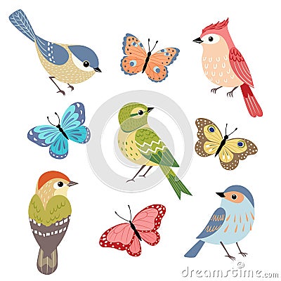 Birds and butterflies Vector Illustration