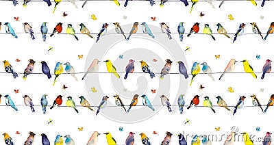 Birds and butterflies. Watercolor hand dawn illustration Stock Photo