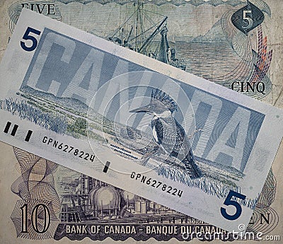 Birds of Canada and scenes of Canada design on Canadian banknotes Editorial Stock Photo