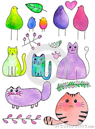 Birds, cats and plants. Hand-drawn cartoon characters. Real watercolor drawing. Vector illustration. Vector Illustration