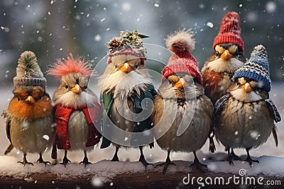 birds celebrating Christmas, Merry Christmas card. Stock Photo