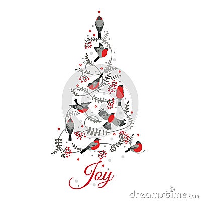 Birds on Christmas Tree Vector Illustration