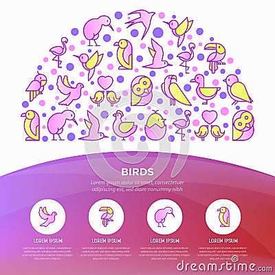 Birds concept in half circle with thin line icons set: dove, owl, penguin, sparrow, swallow, kiwi, parrot, eagle, humming bird, Vector Illustration