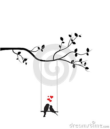 Birds Couple Silhouette Vector, Birds on swing on branch, Wall Decals, Birds in love, Wall Art, Art Decor. Vector Illustration