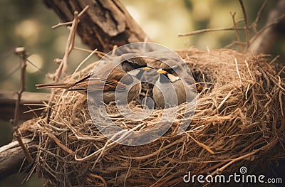 Birds couple sitting nest nature scene. Generate ai Stock Photo