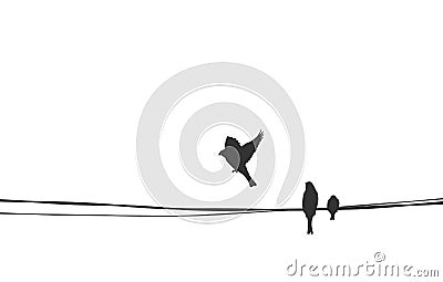 Birds couple sitting on wire. Love , divorce, separation silhouette vector illustration. simple stock image. Sparrow family on Vector Illustration